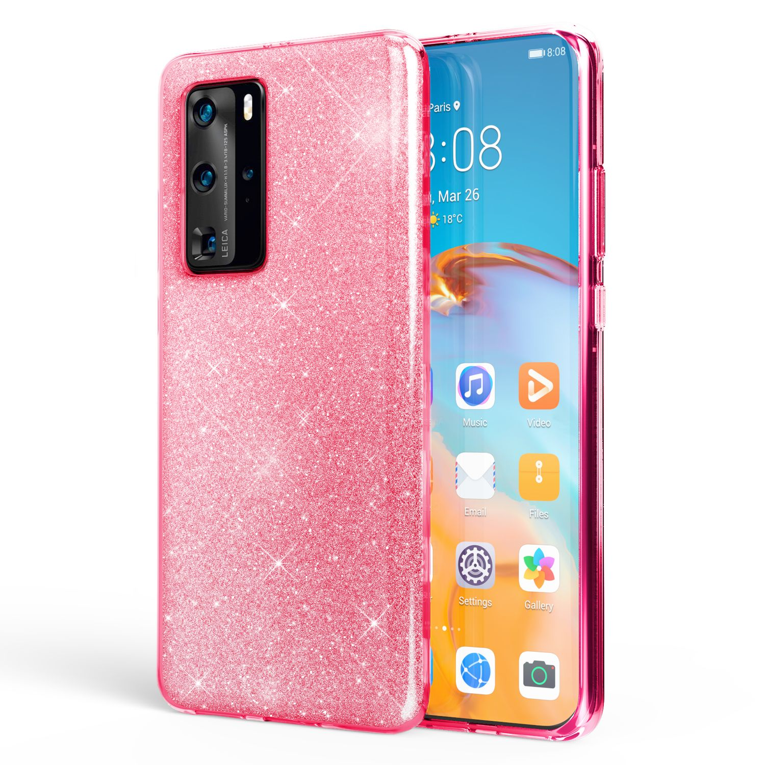 Rosa Glitzer-Handyhülle auf einem Telefon. Telefonbildschirm sichtbar. Weißer Hintergrund.