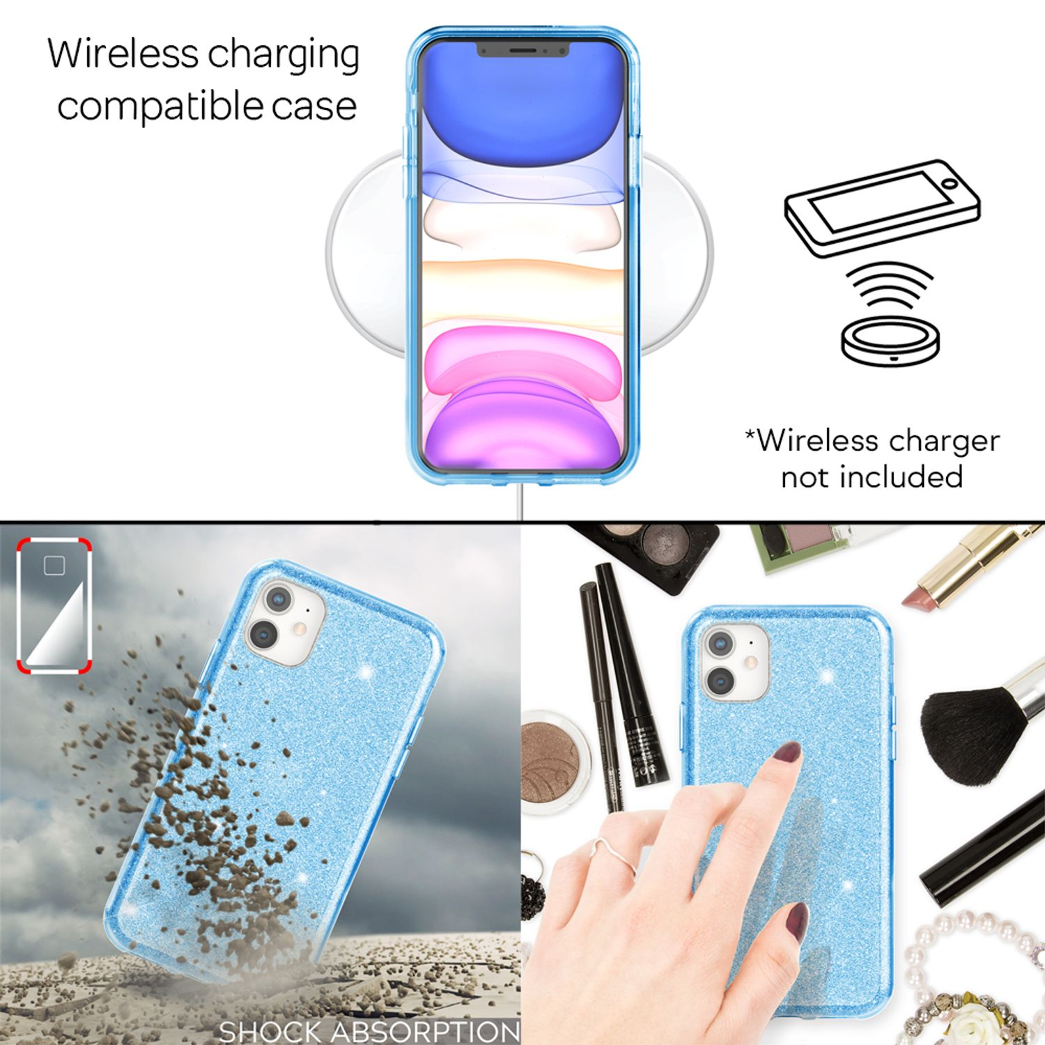 Teléfono en funda azul sobre cargador inalámbrico. La funda tiene absorción de impactos. Productos de maquillaje alrededor del teléfono.