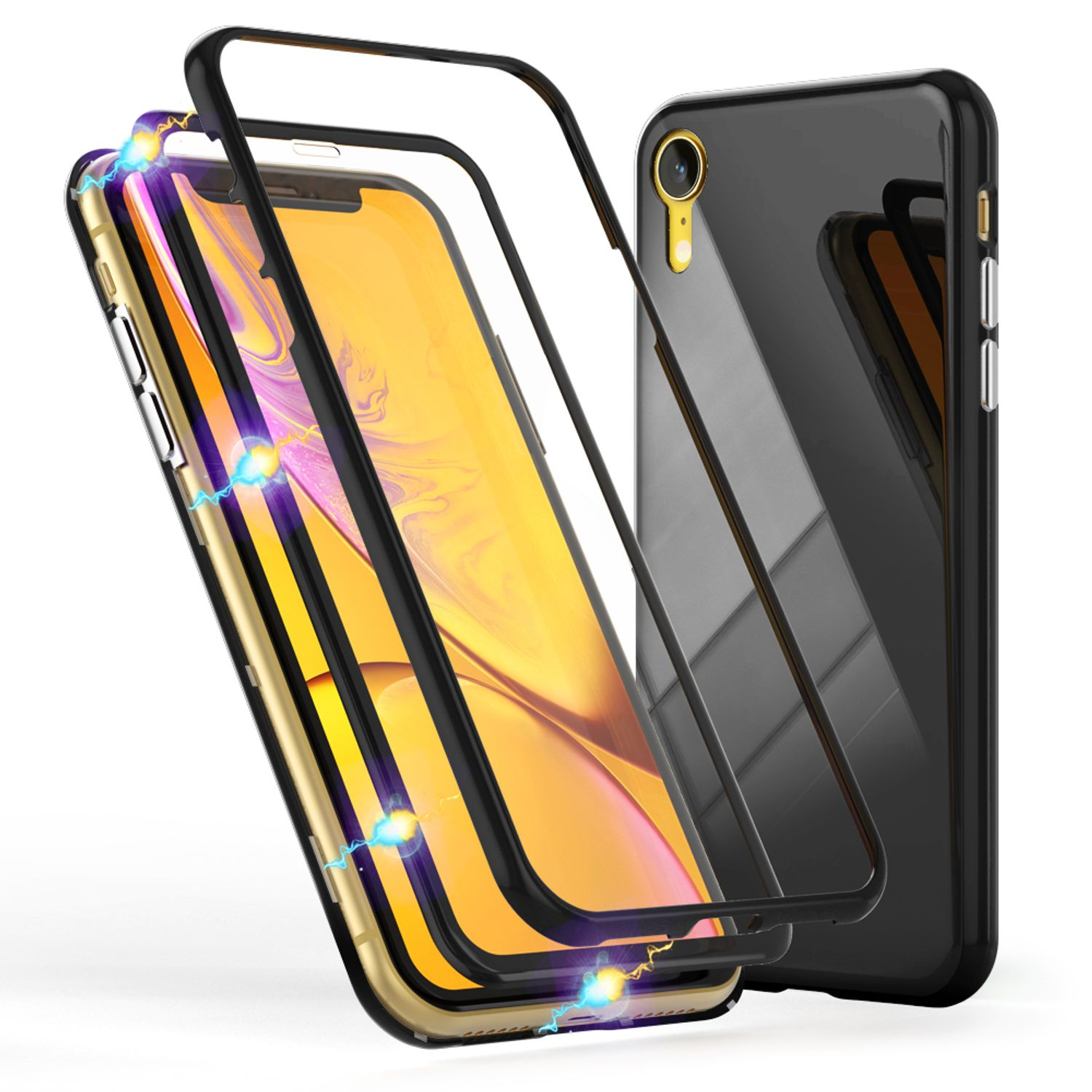 Drei Handyhüllen, eine schwarze und zwei transparente, um ein Handy herum. Weißer Hintergrund.