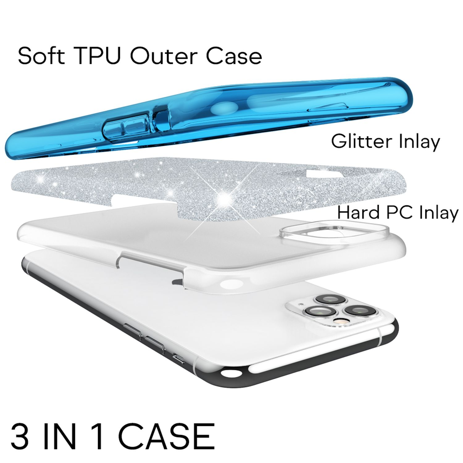 Capas de funda de teléfono: exterior azul, incrustación de purpurina e incrustación de PC duro.