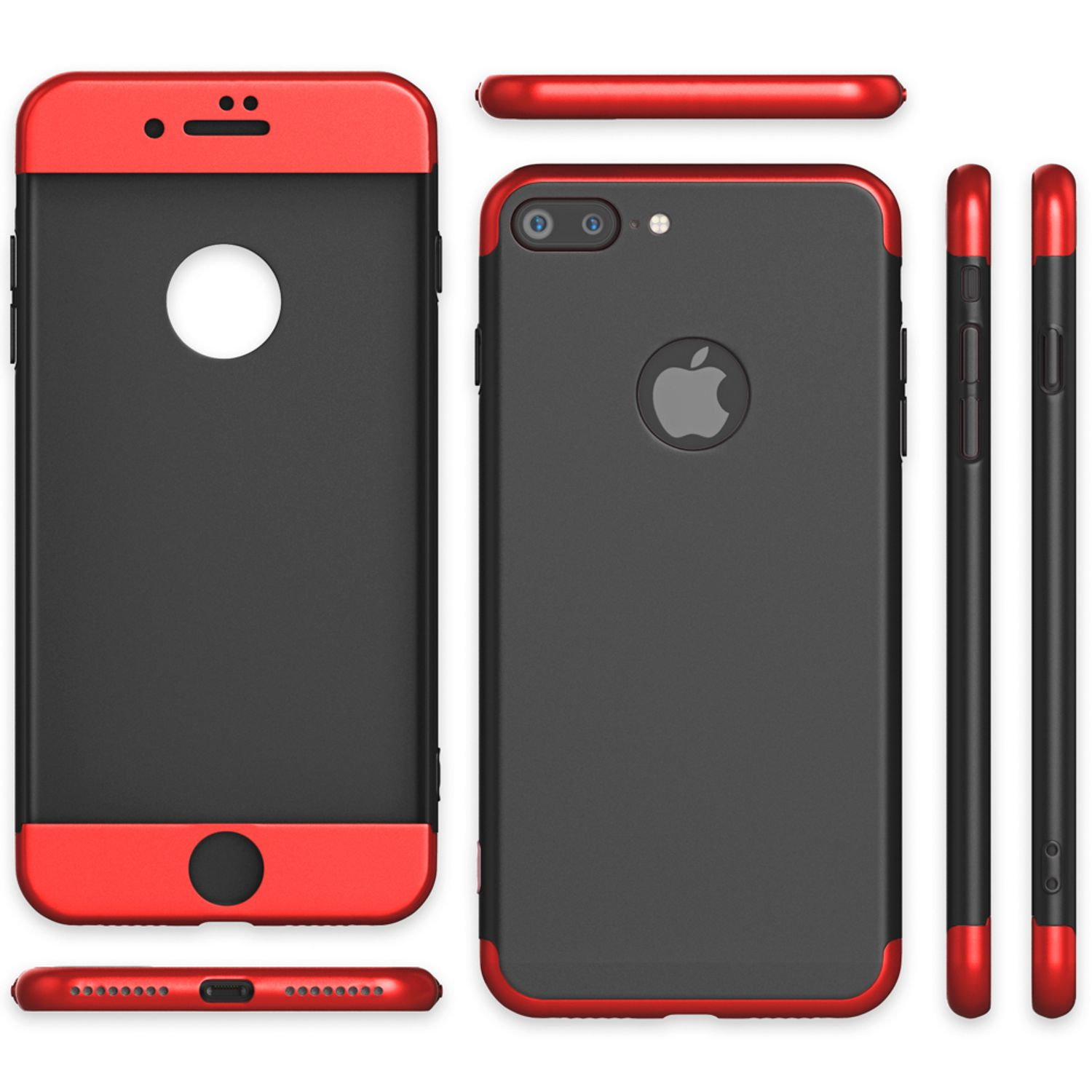 Rote und schwarze Handyhülle in mehreren Ansichten. Mit roten Rändern und einem Apple-Logo.