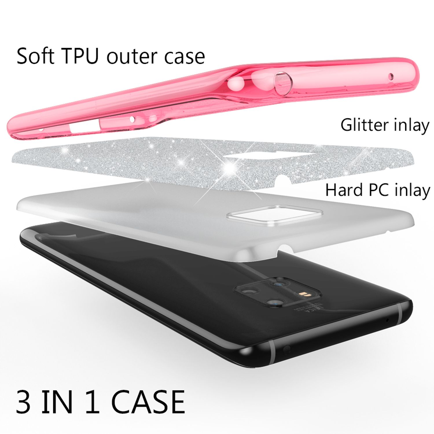 Handyhüllen-Schichten: Weiches TPU, Glitzer-Inlay und Hart-PC-Inlay, auf einem schwarzen Telefon. '3 IN 1 CASE'-Etikett.