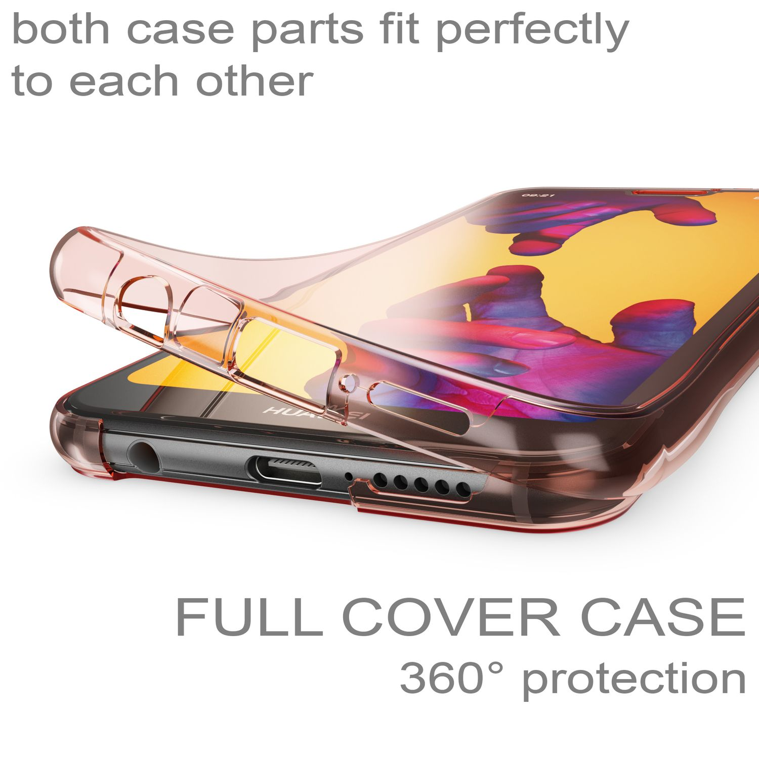 Transparente Handyhülle über einem Telefon. Die Hülle ist geöffnet und das Telefon sichtbar.