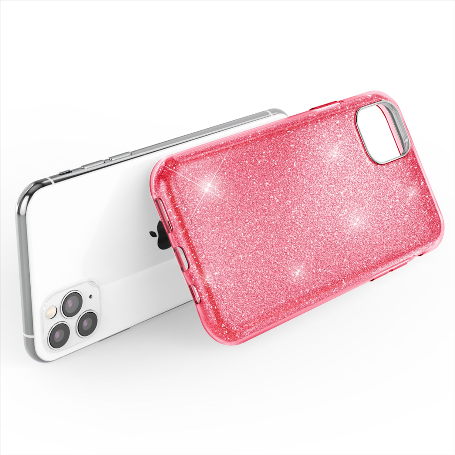 Funda rosa con purpurina junto a un teléfono blanco.