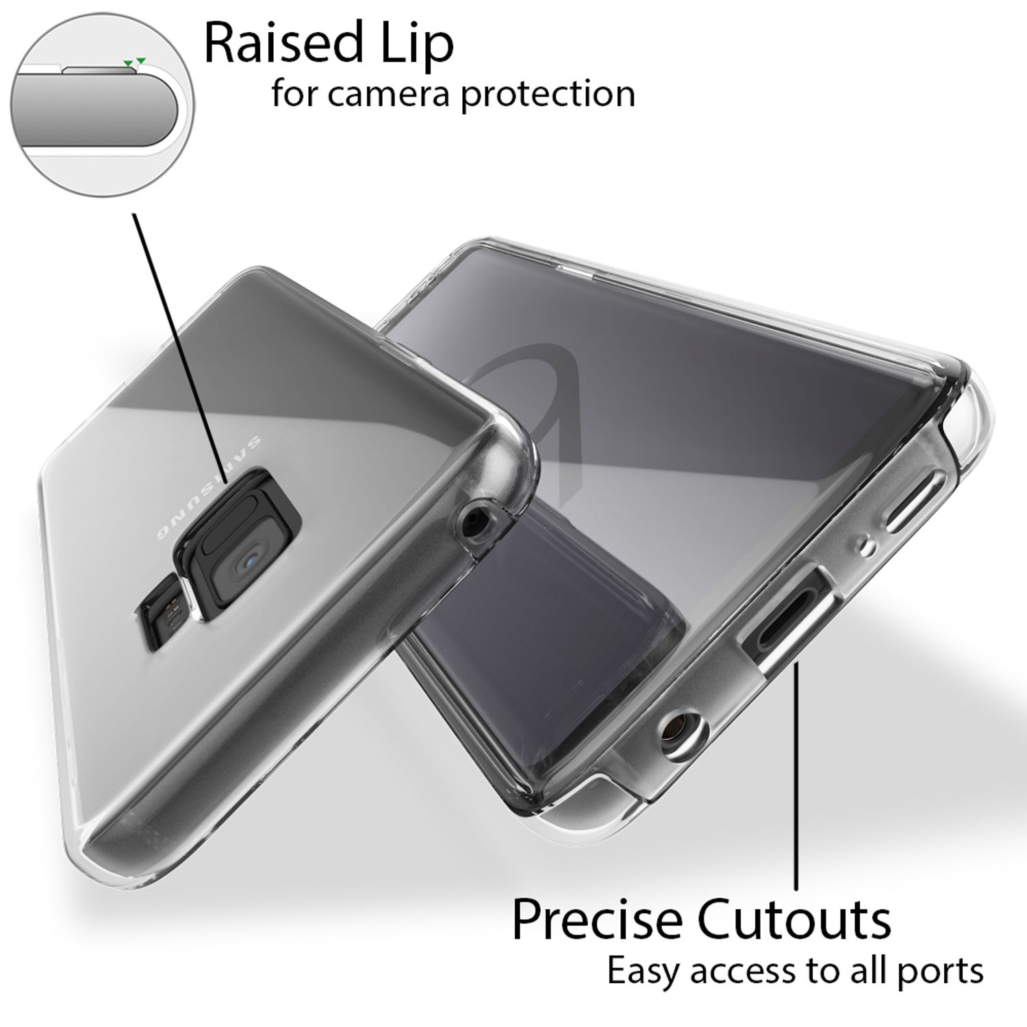 Ein Telefon in einer transparenten Hülle. Die Hülle hat eine erhöhte Lippe und Aussparungen.