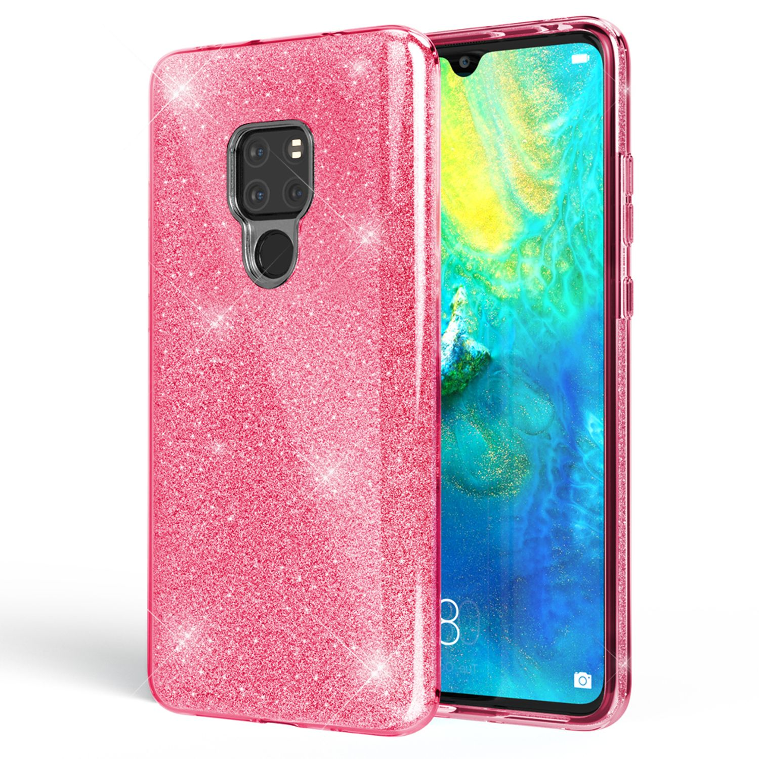 Coque de téléphone rose à paillettes sur un téléphone. Écran visible. Fond blanc.