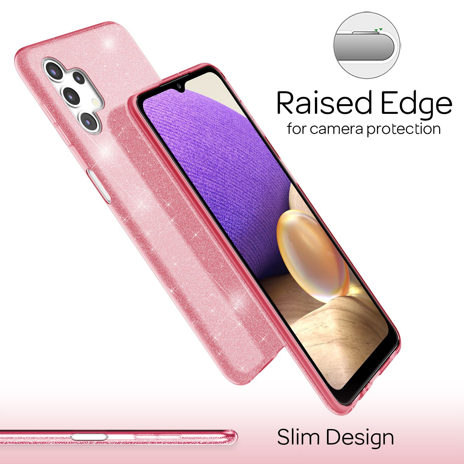 Rosa Handyhülle mit Glitzer, Telefon innen, Text 'Raised Edge' und 'Slim Design'.