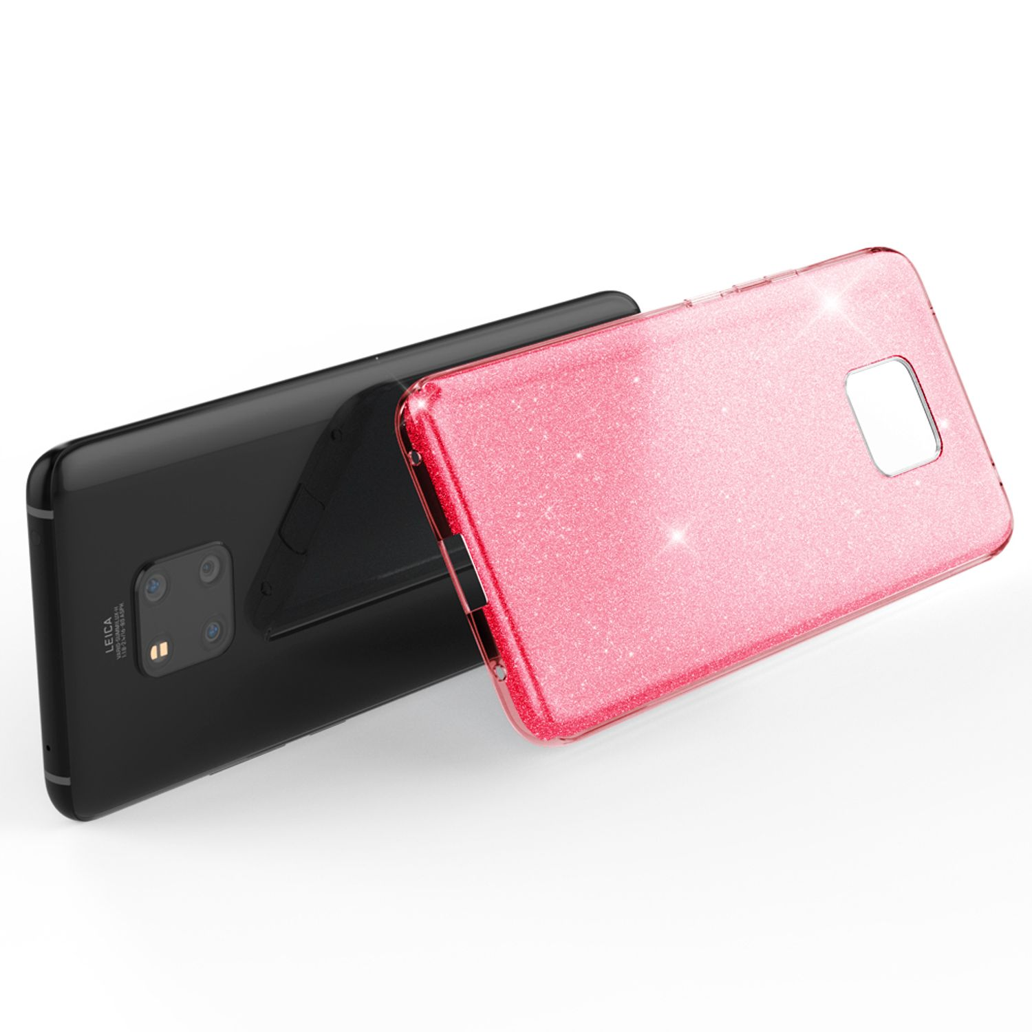 Zwei Smartphones mit Hüllen, eines schwarz, eines rosa, mit Glasdisplay.