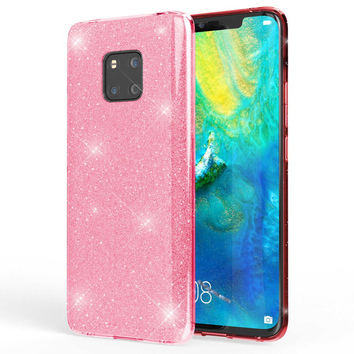 Eine rosa Glitzer-Handyhülle. Die Hülle ist glitzernd und passt gut zum Telefon.