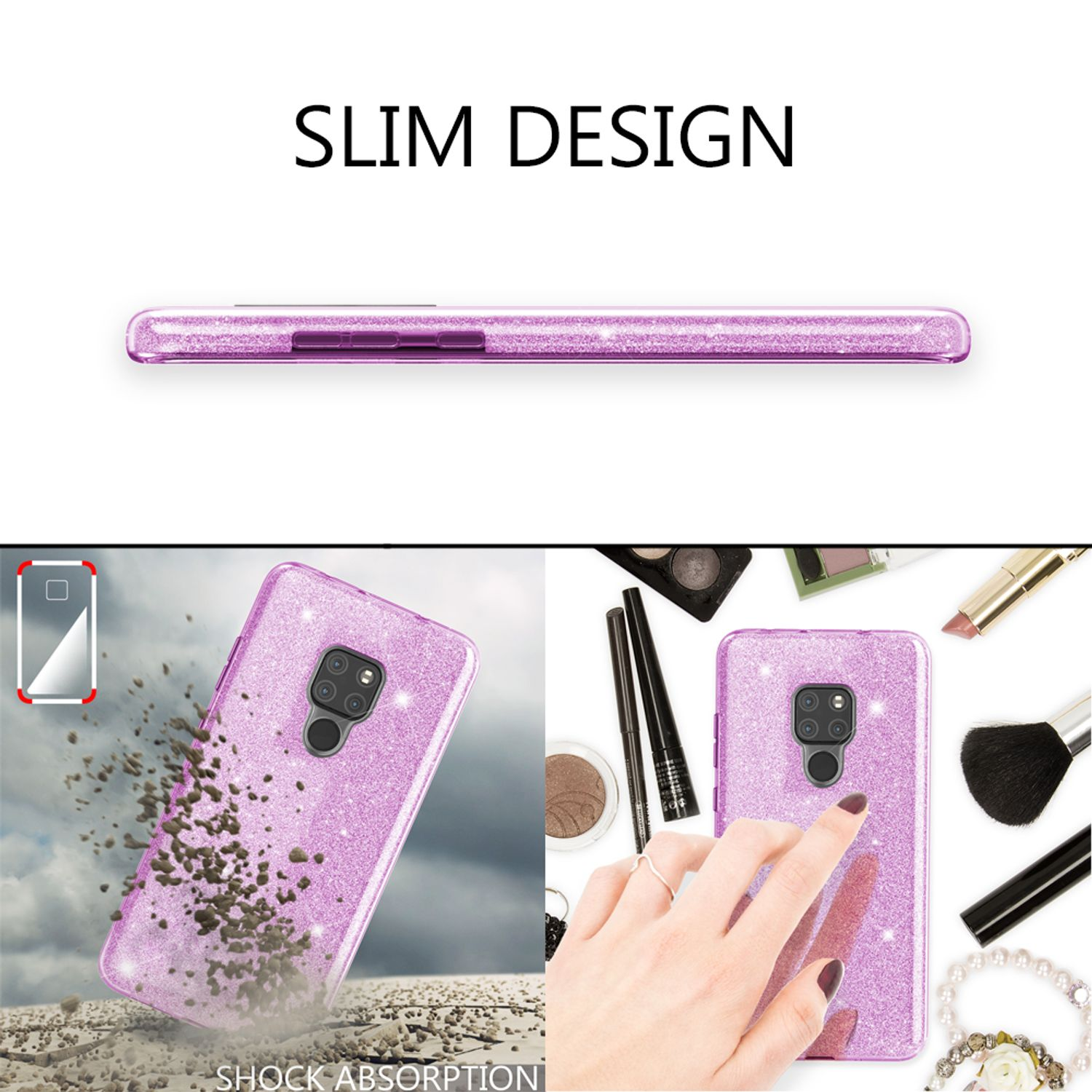 Coque de téléphone rose pailletée avec articles de maquillage. Vue de dessus de la coque. Coque avec absorption des chocs.