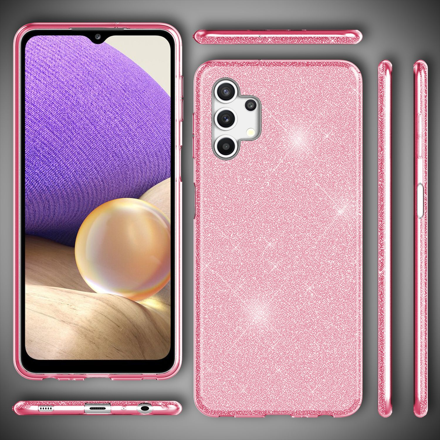 Eine rosa Handyhülle auf einem Telefon. Die Hülle hat eine glitzernde Textur.