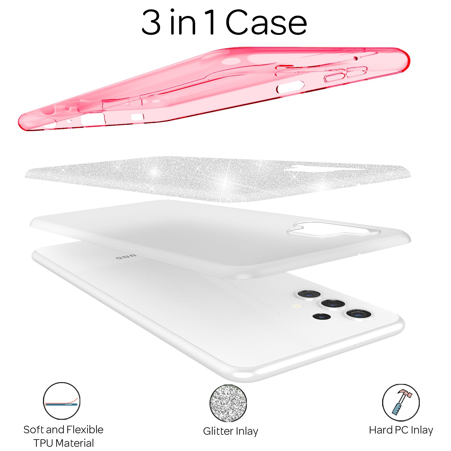 Eine Hülle für ein Telefon in drei Schichten: eine rosa Oberseite, eine Glitzerschicht und eine weiße Telefonhülle.