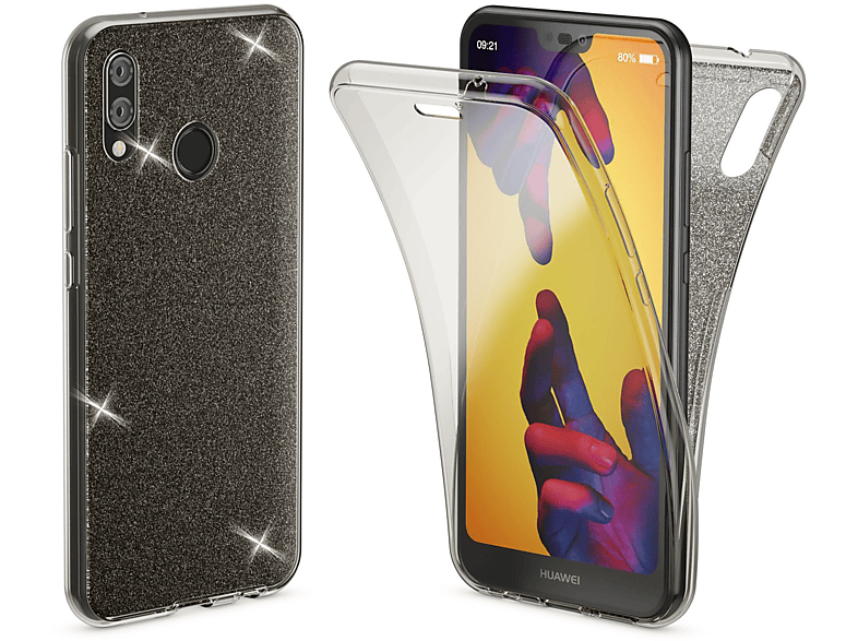 NALIA 360 Grad Glitzer Silikon P20 Lite, Backcover, Huawei, Schwarz Hülle