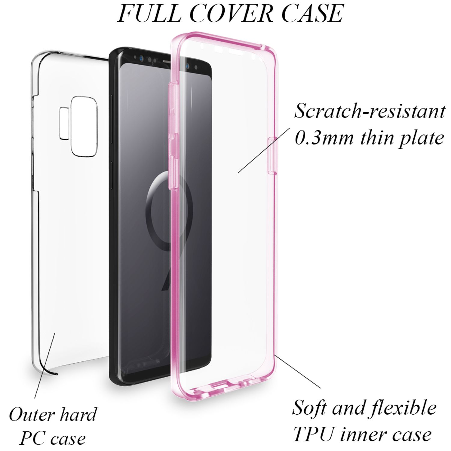 Transparente, rosa und schwarze Handyhülle. Enthält eine klare Außenhülle und eine rosa Innenhülle.