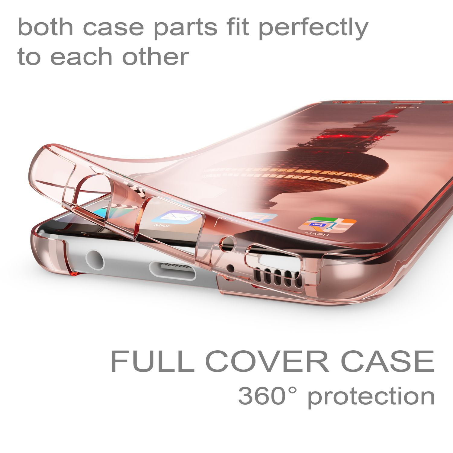 Eine transparente Handyhülle auf einem Telefon. Die Hülle umschließt das Telefon und bietet 360° Schutz.