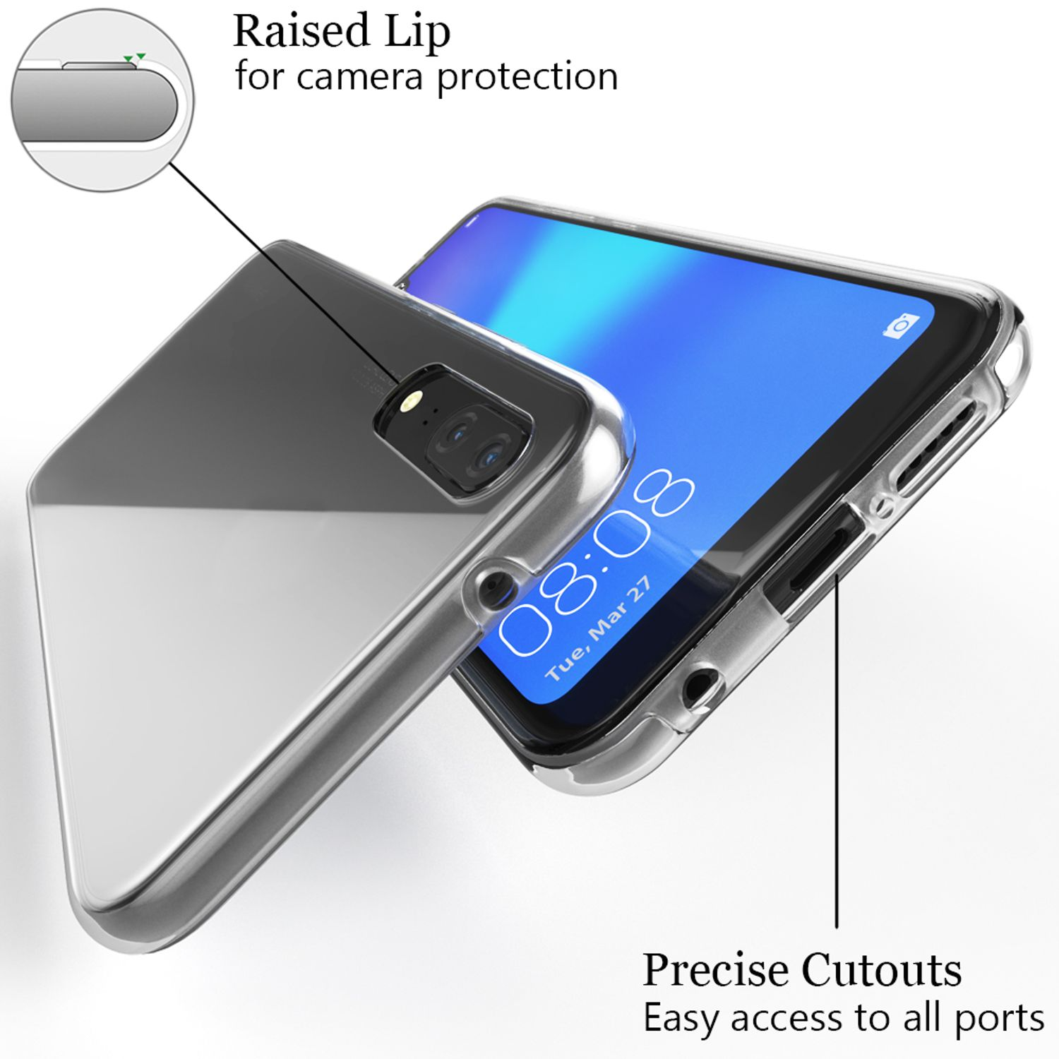 Un telefono con una custodia trasparente. La custodia ha un bordo rialzato per la protezione della fotocamera e un facile accesso alle porte.