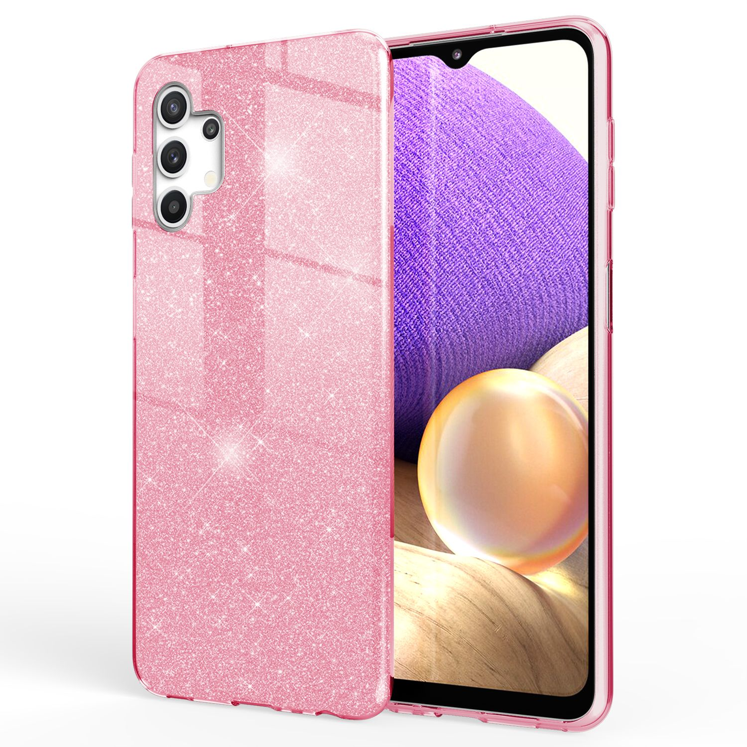 Rosa Glitzer-Handyhülle. Telefon sichtbar.