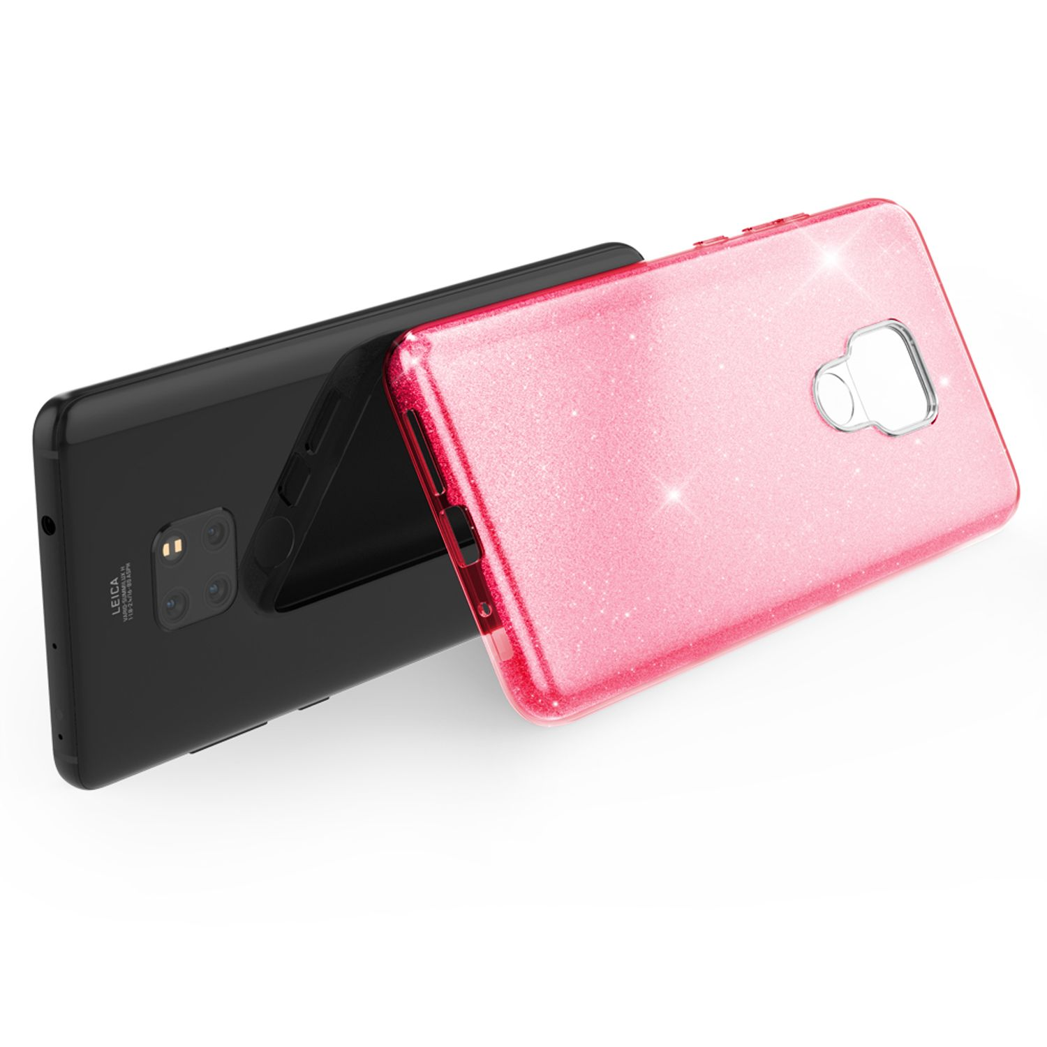 Deux coques de téléphone, rose pailleté, posées sur un téléphone noir. Le téléphone a un appareil photo.