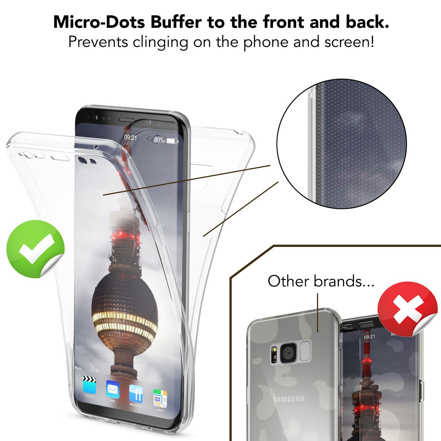 Transparente Handyhülle auf dem Telefon. Die Hülle hat ein grünes Häkchen und ein rotes X auf anderen Marken.