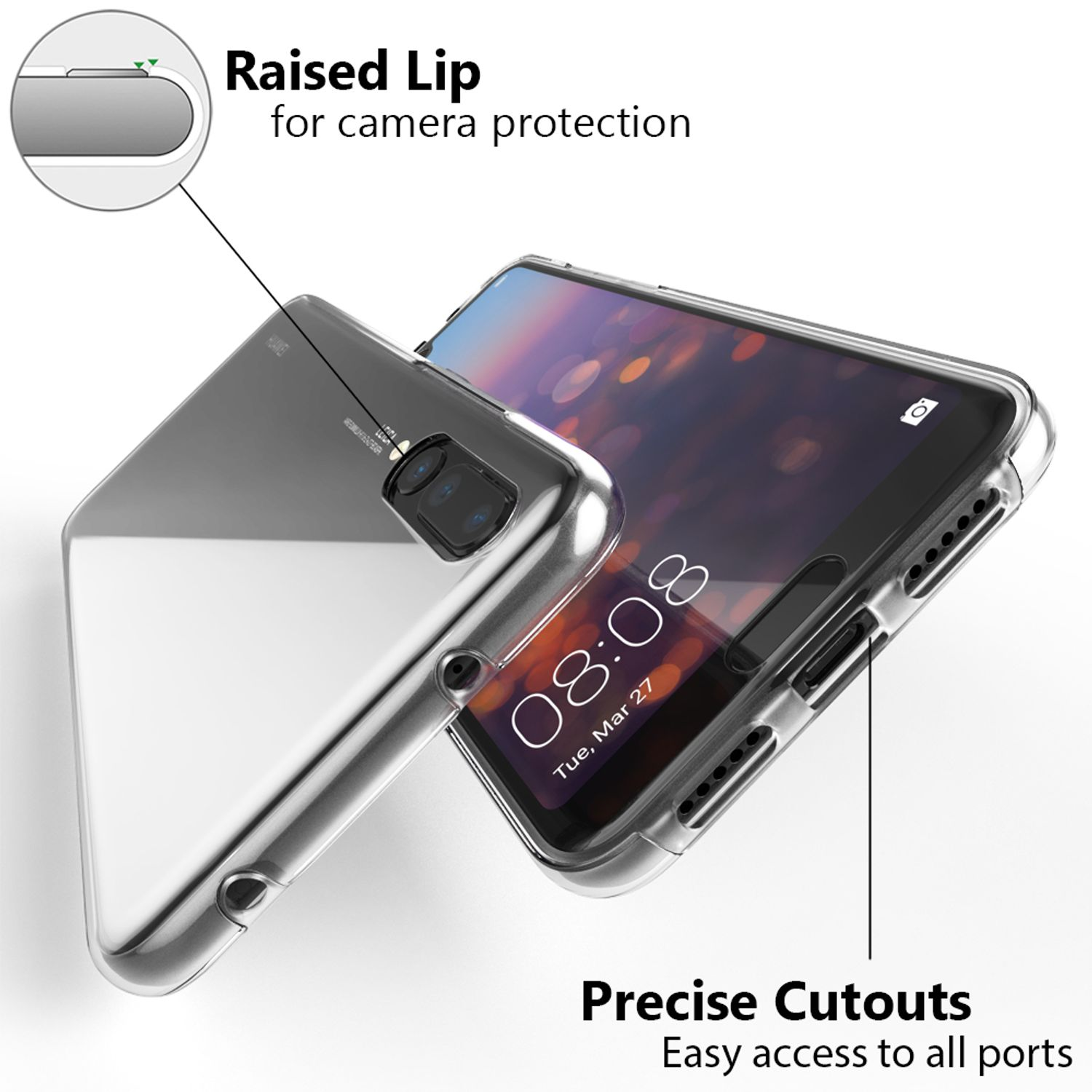Telefono con custodia trasparente, che mostra schermo e ritagli precisi, con annotazioni per 'Raised Lip' e 'Precise Cutouts'.