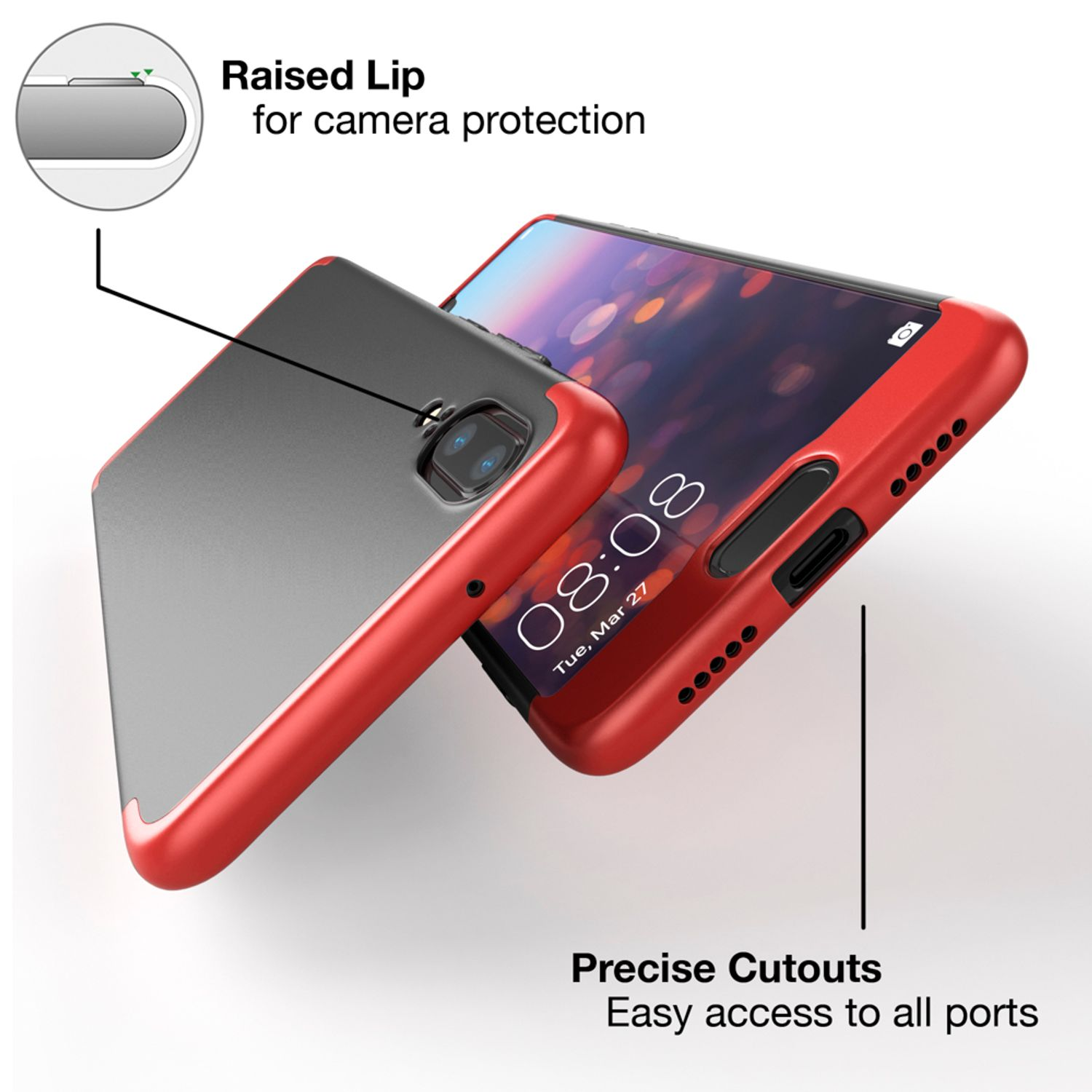 Rote und graue Handyhülle mit Telefon im Inneren. Text: Raised Lip und Precise Cutouts.