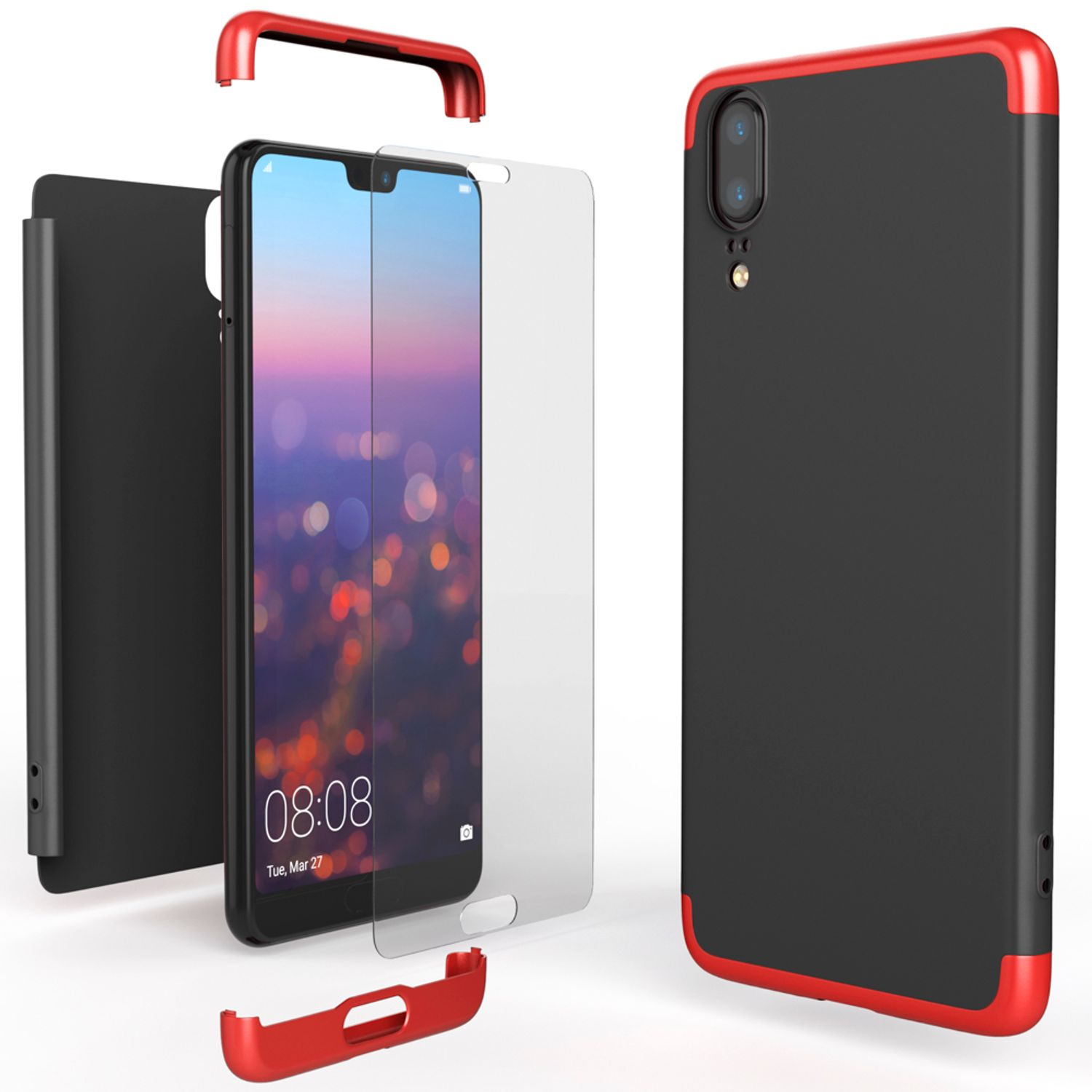 Schwarzes und rotes Handycase mit Displayschutz. Telefon mit Anzeige von Uhrzeit und Datum.