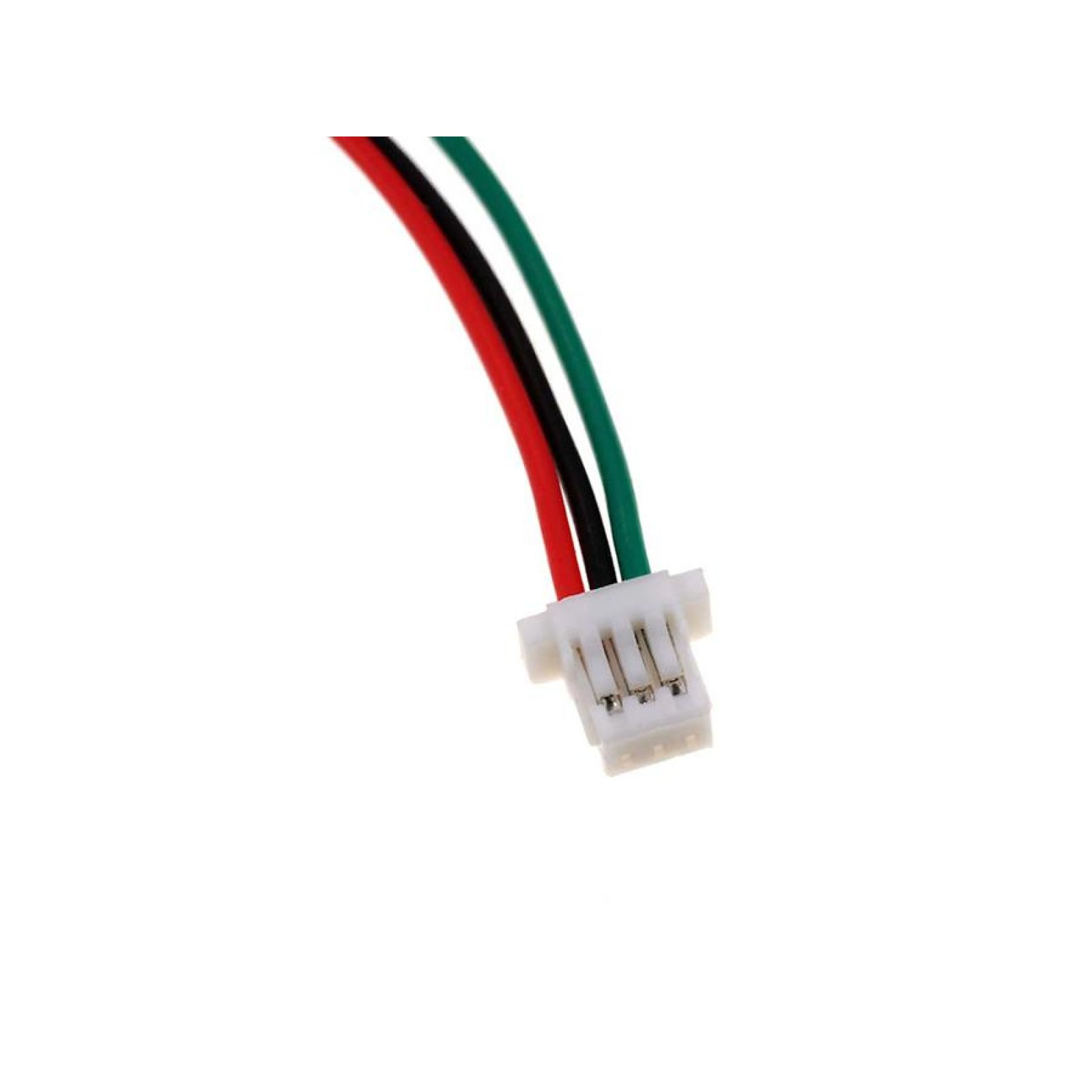 Primer plano de un conector blanco con tres cables de colores: rojo, negro y verde, sobre un fondo blanco.
