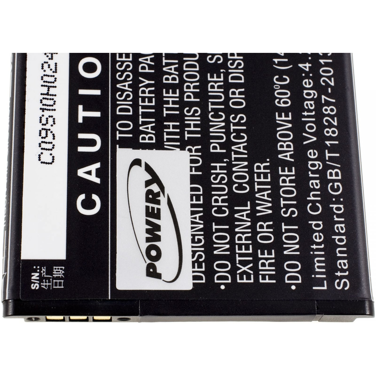 Paquete de baterías con instrucciones de precaución y seguridad. Tiene una etiqueta blanca y negra.