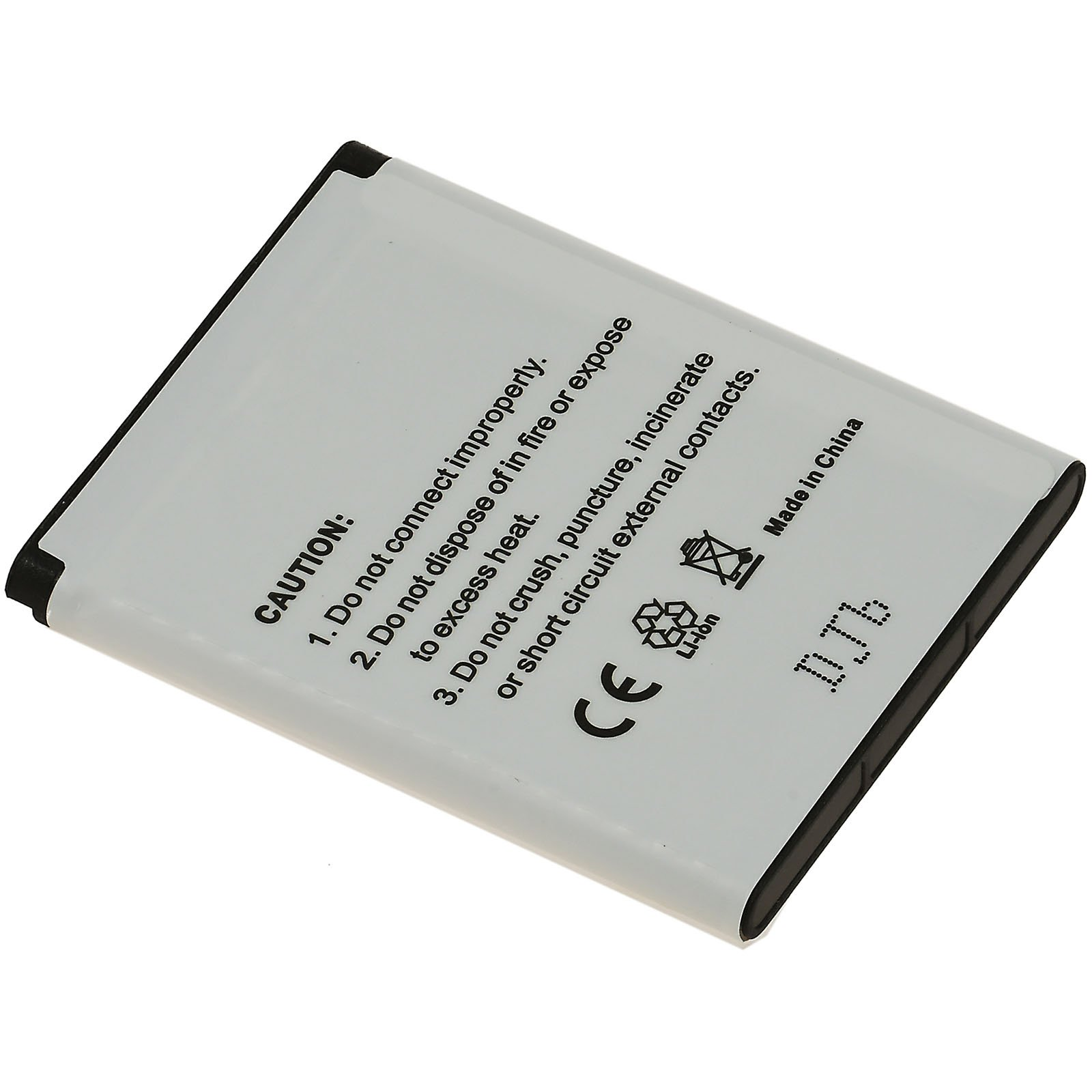 Batería blanca con etiquetas de advertencia y marca CE. Dice Hecho en China.