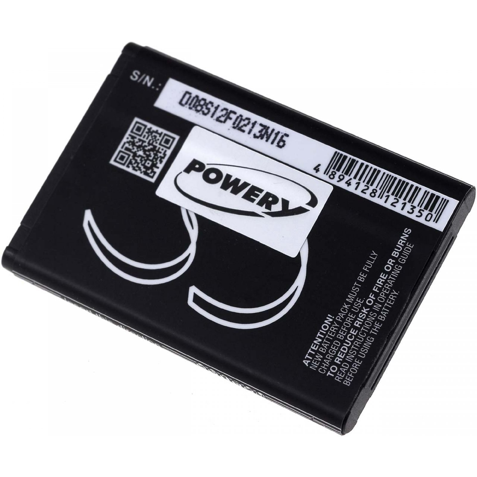 Batería rectangular negra con texto y código de barras, etiqueta blanca con logo 'POWER'.
