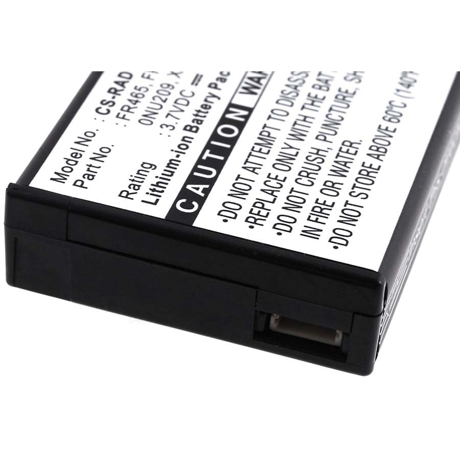 Una batería con texto y un puerto USB. El texto es mayormente blanco.