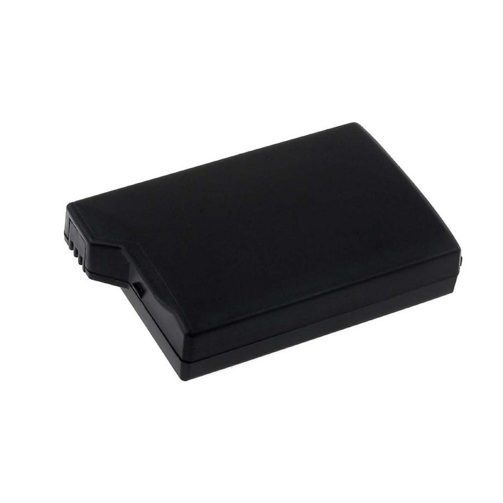Un paquete de baterías negro y rectangular. La forma es simple y tiene un área ligeramente elevada en un lado.