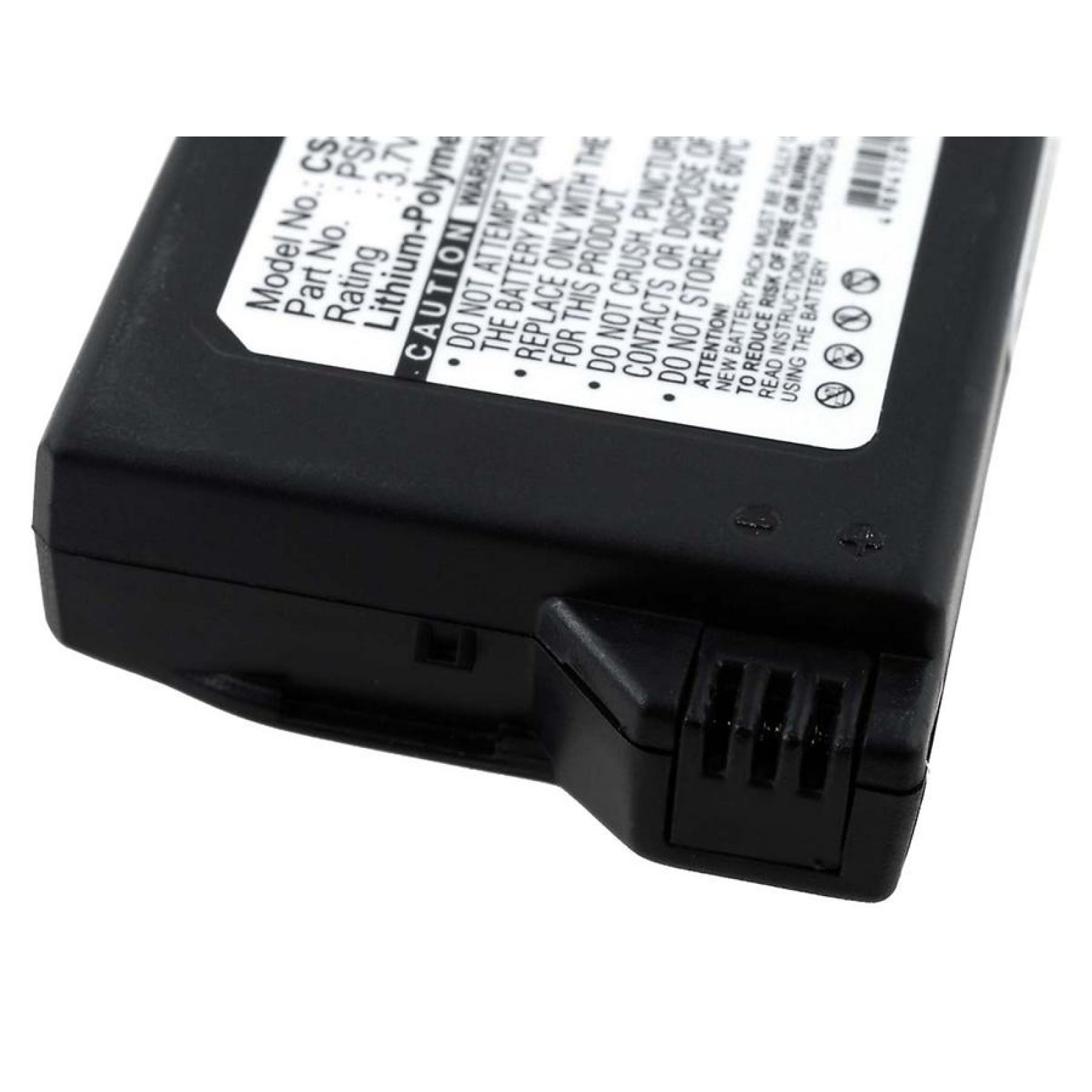 Paquete de batería negro, vista lateral. Texto blanco y un conector en la parte inferior.