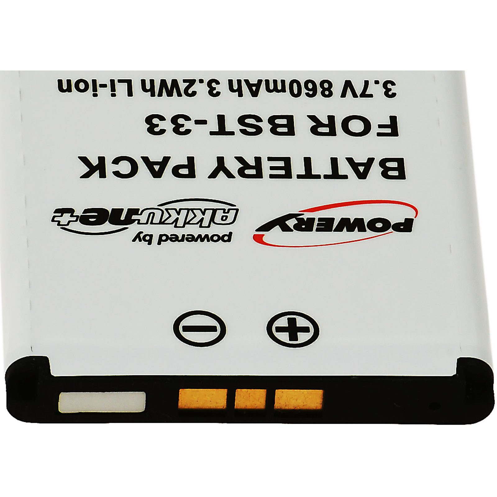 Batería blanca, borde negro, texto: Battery Pack For BST-33, Power by Akku+.