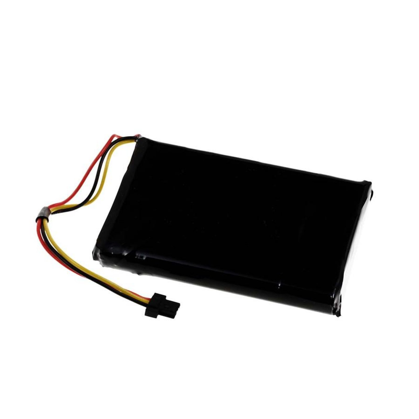 Una batería rectangular negra con tres cables conectados en la parte superior, aislada sobre fondo blanco.