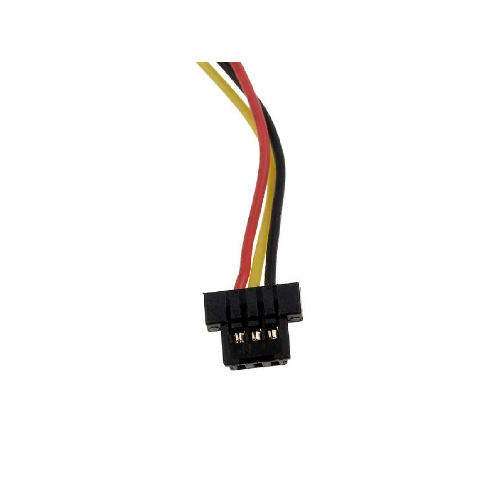 Un conector con tres cables: negro, rojo y amarillo, sobre un fondo blanco.