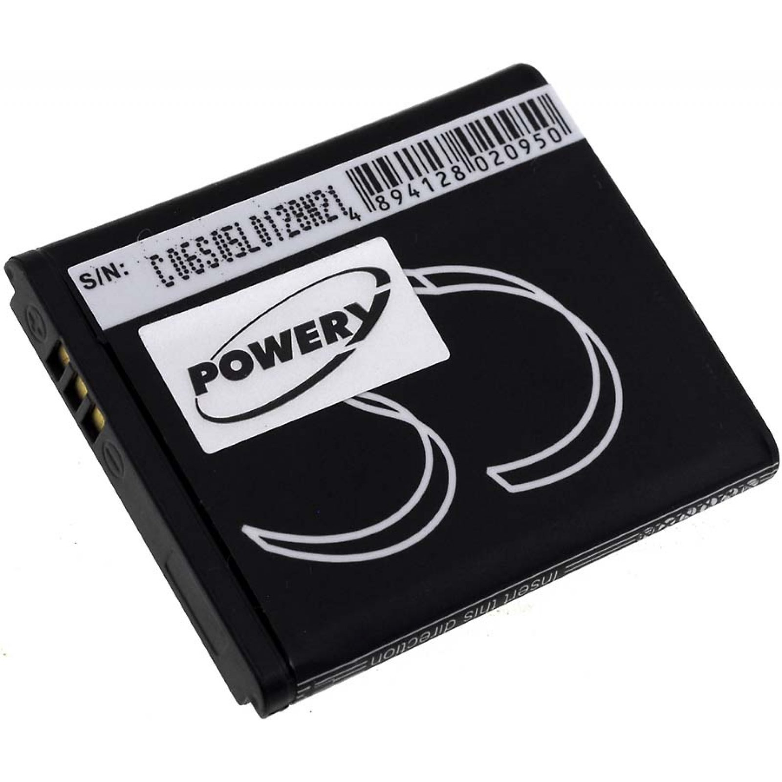 Una batería rectangular negra con la palabra "POWERY" y una etiqueta de número de serie.