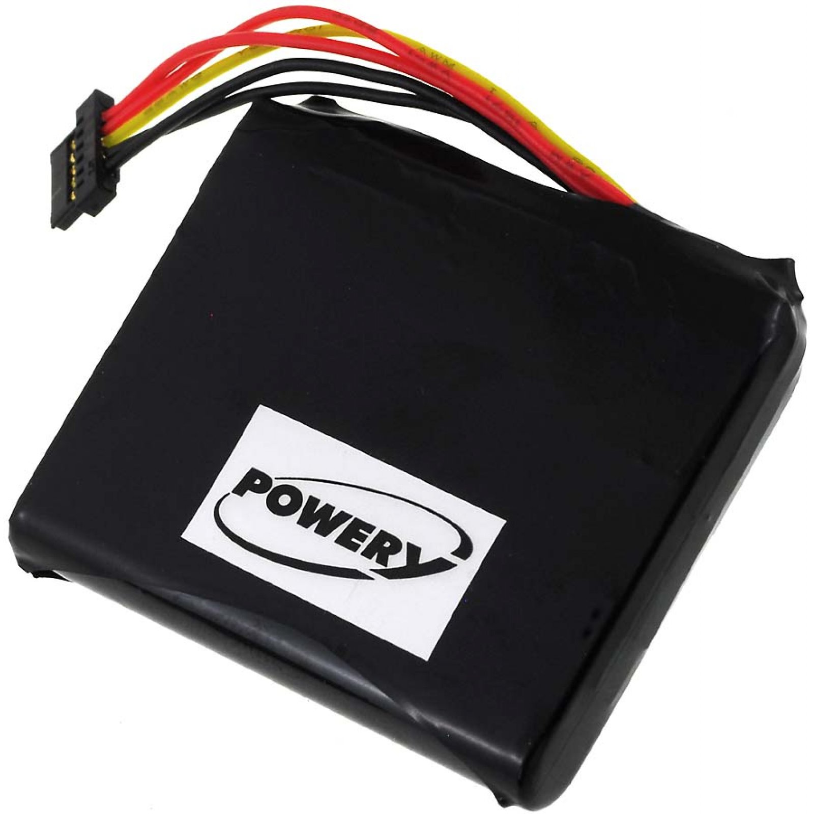 Batería negra con el logotipo blanco PowerY. Tiene cables rojo, amarillo y negro conectados a un conector.