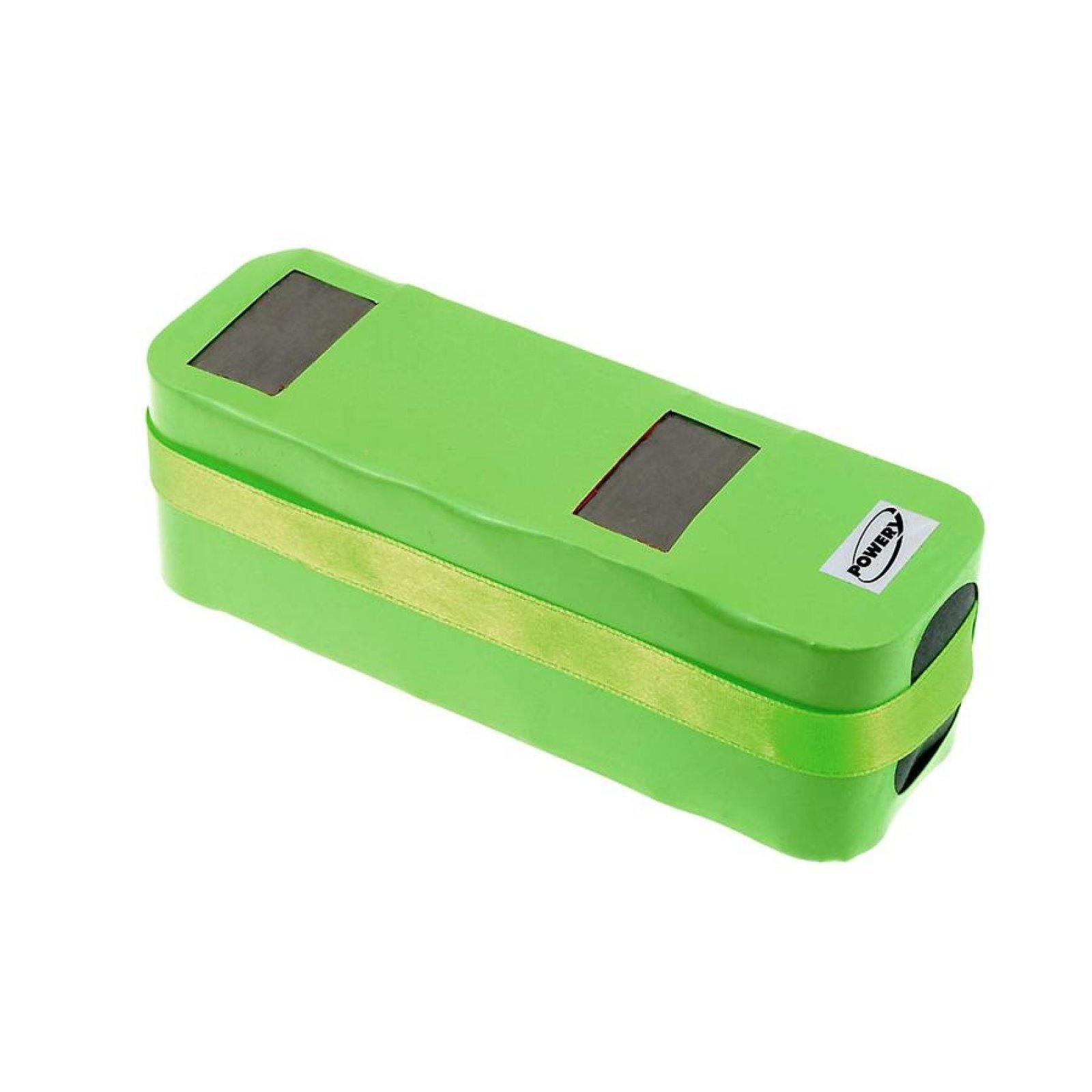 Carcasa de batería rectangular verde con cinta amarilla y dos áreas rectangulares negras.