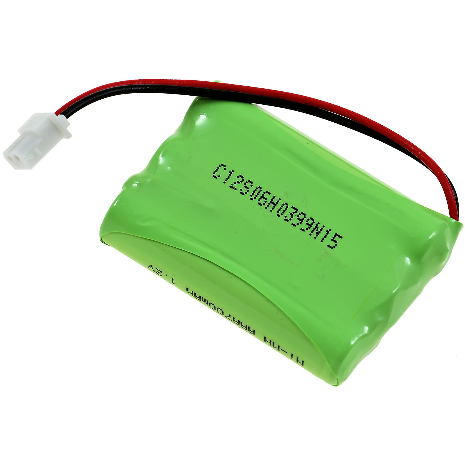 Paquete de baterías verde con conector blanco y cables negro y rojo.