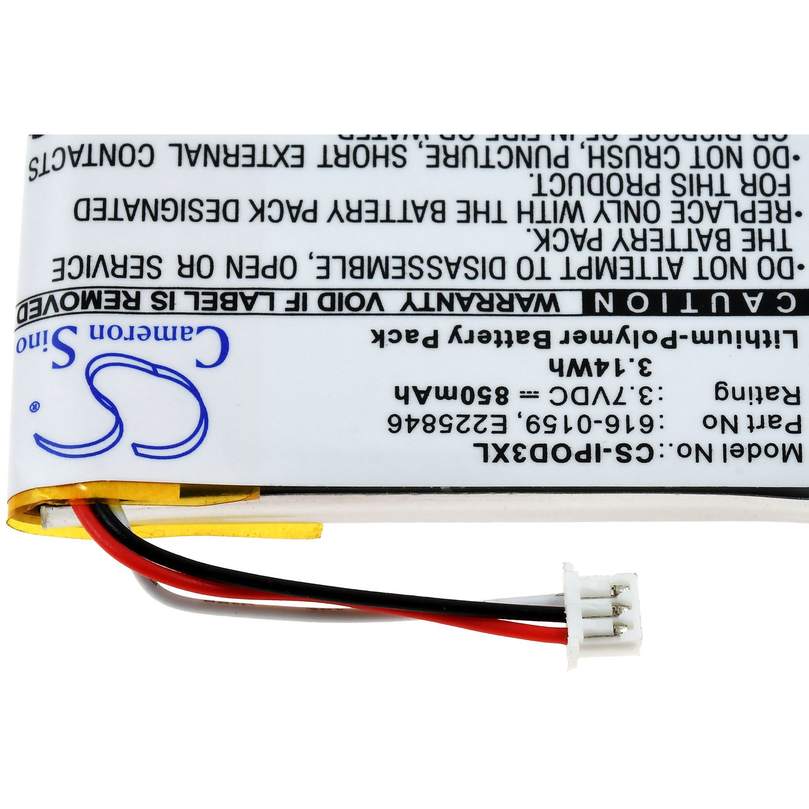 Batería cilíndrica con una etiqueta blanca, texto negro y un conector de varios cables.