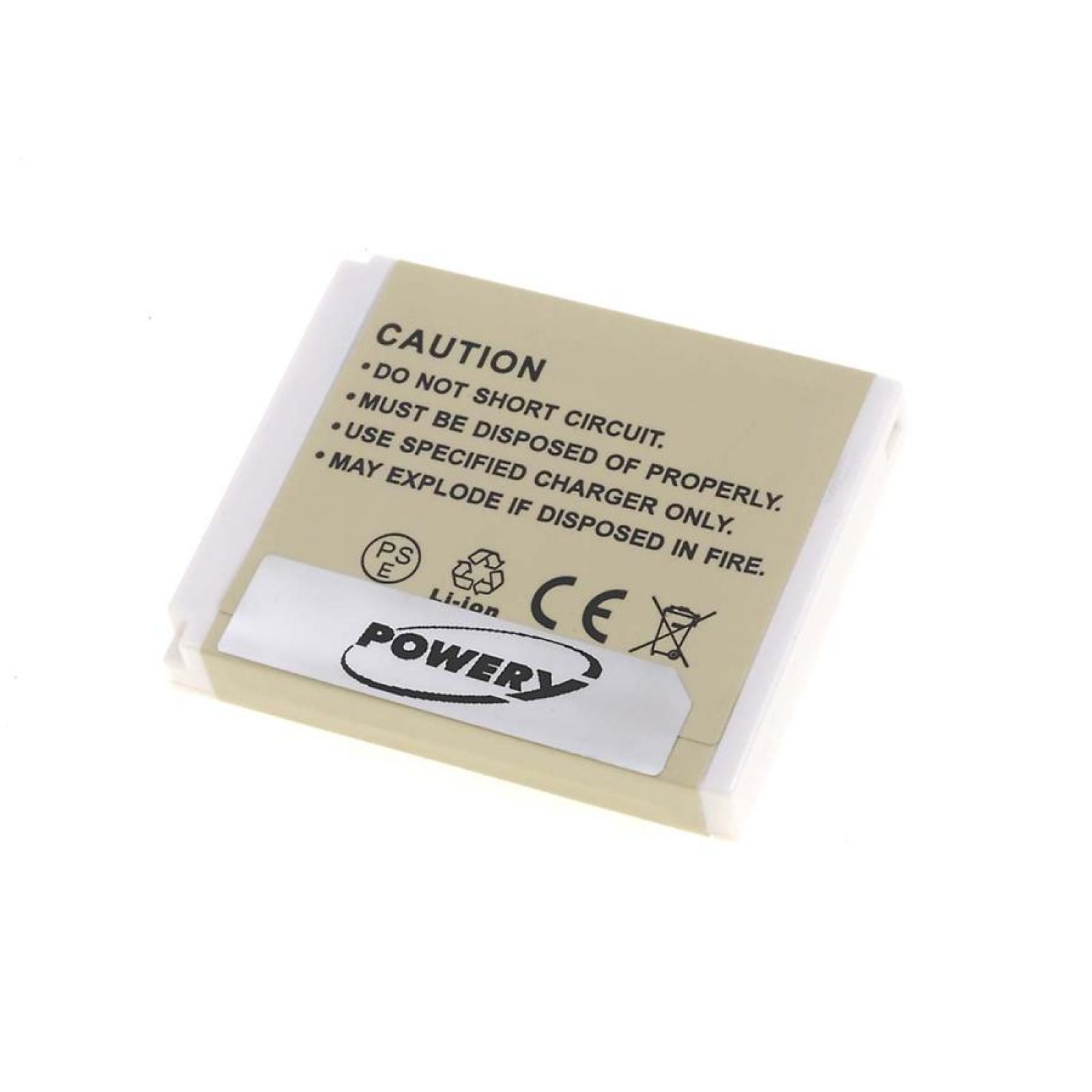 Pequeño paquete de baterías con etiqueta de precaución. Tiene un color blanco y amarillo claro.