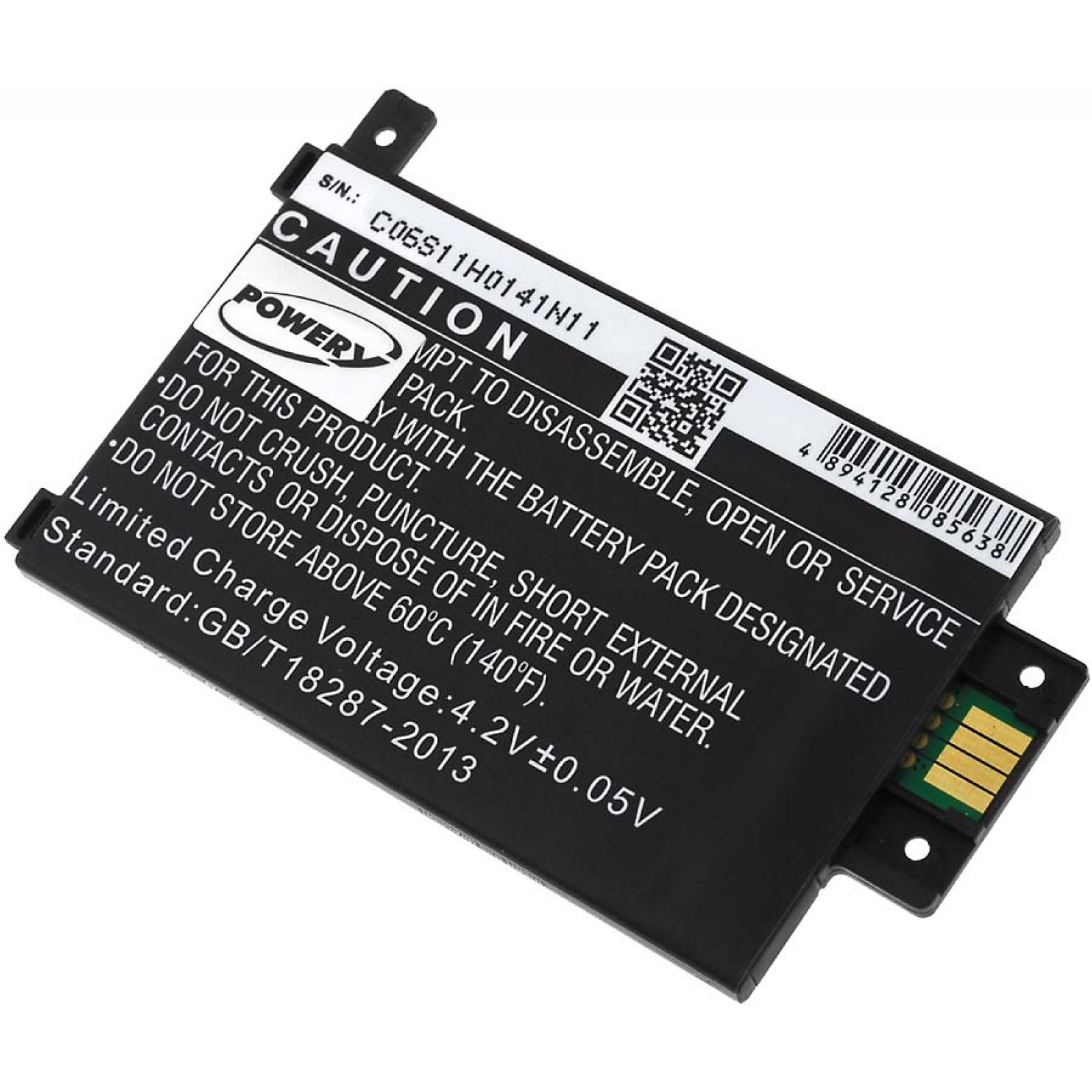 Batería negra con advertencias y conector en el lado derecho.