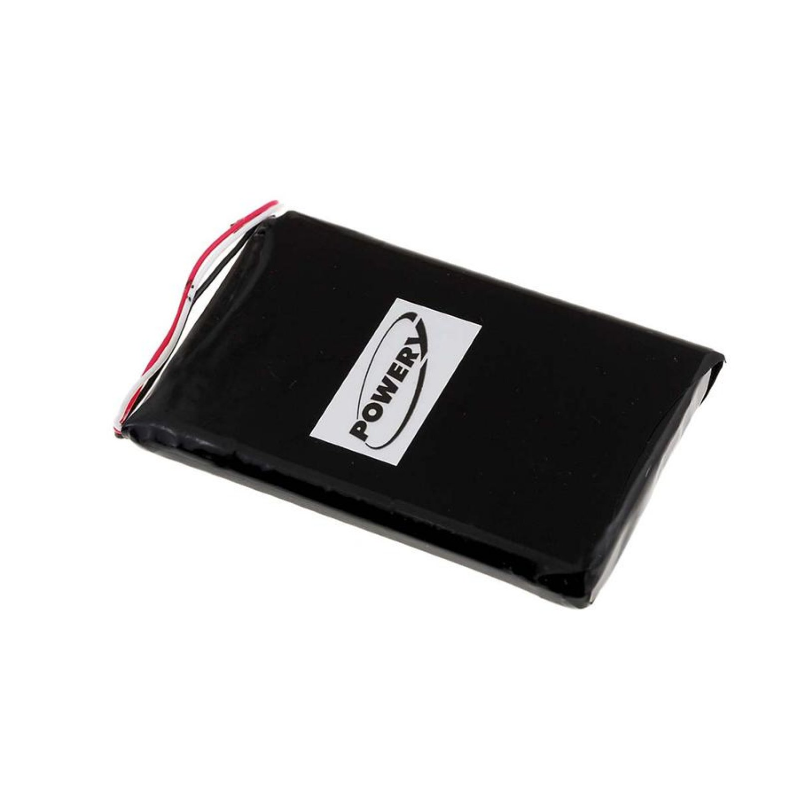 Una batería rectangular negra con una etiqueta "POWERY" y cables rojos y blancos.