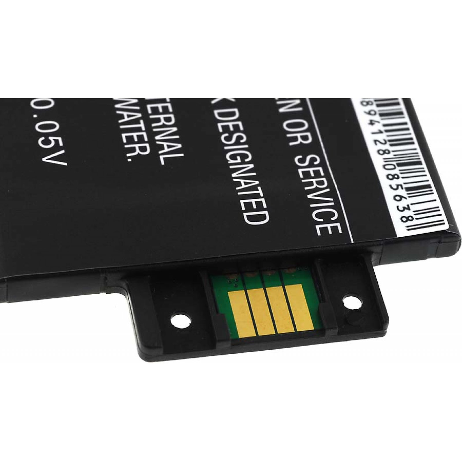 Batería negra con conector verde. La etiqueta dice 'Designated for service' y tiene un código de barras.