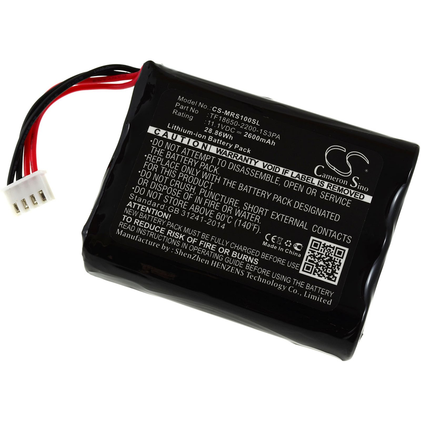 Schwarzer rechteckiger Lithium-Ionen-Akku mit roten und schwarzen Drähten und weißem Stecker.