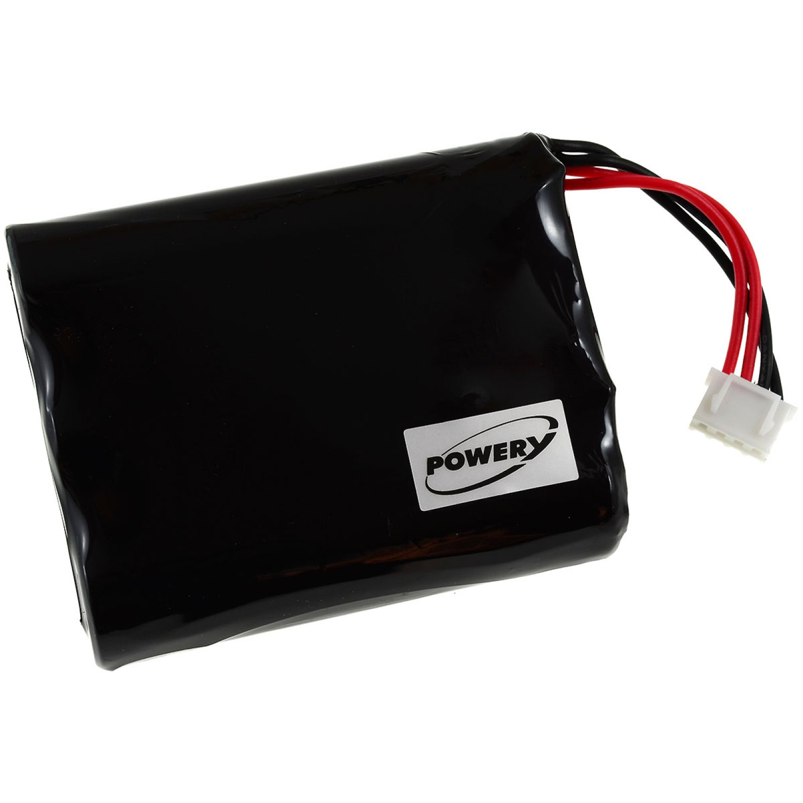Eine schwarze Batterie mit weißem Power-Etikett. Die Batterie hat einen Stecker mit roten und schwarzen Drähten.