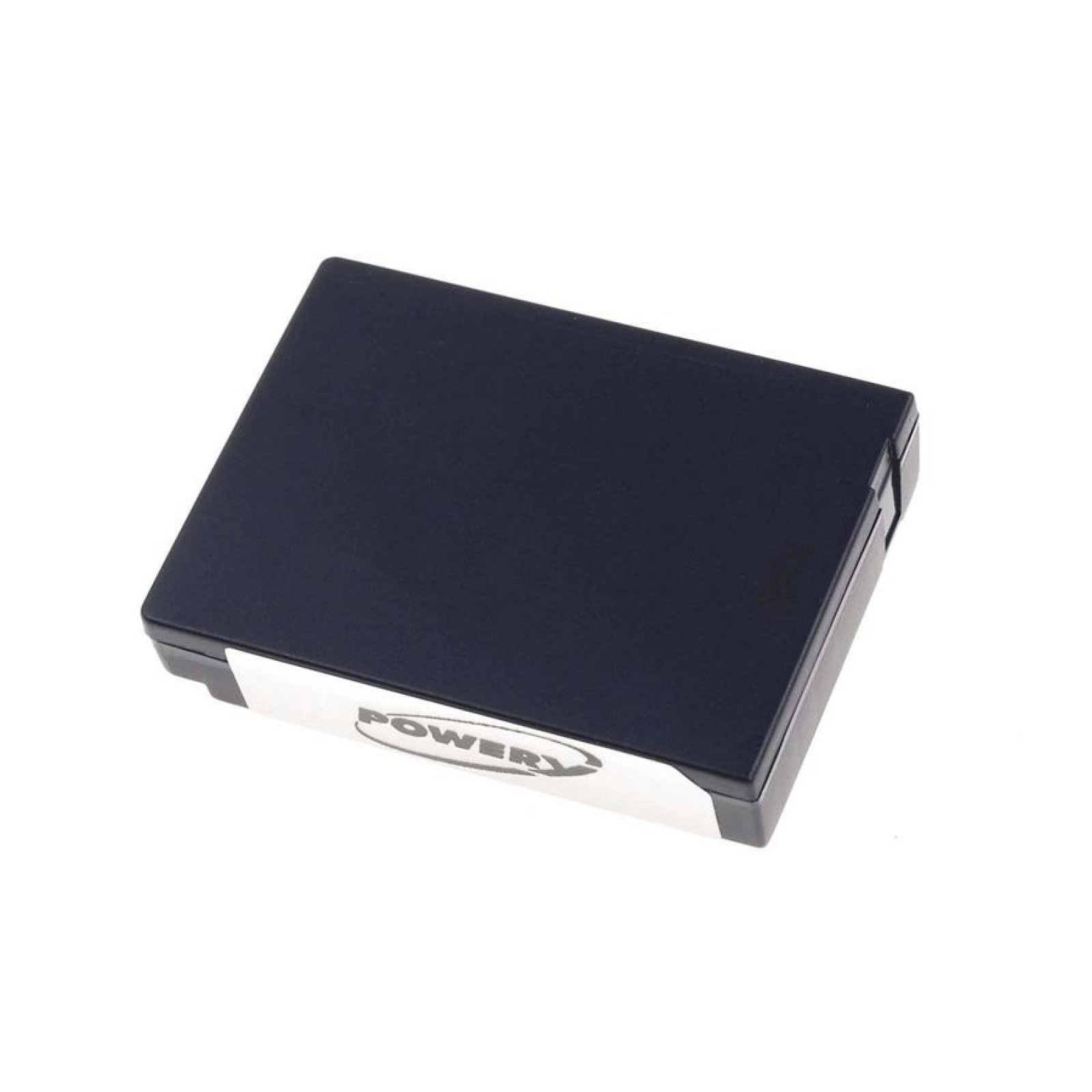 Una batería negra con la palabra 'POWER' en ella. Es rectangular y tiene una pequeña etiqueta plateada.