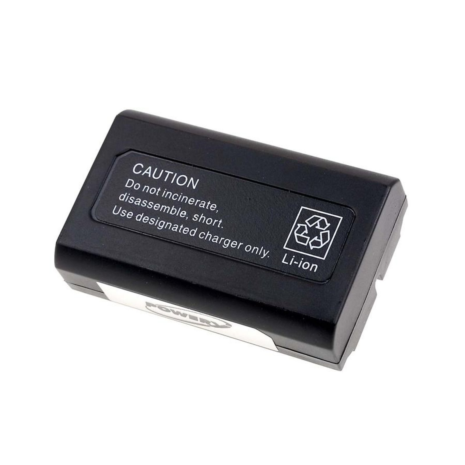 Batería negra rectangular con advertencia de uso. Símbolo Li-ion.