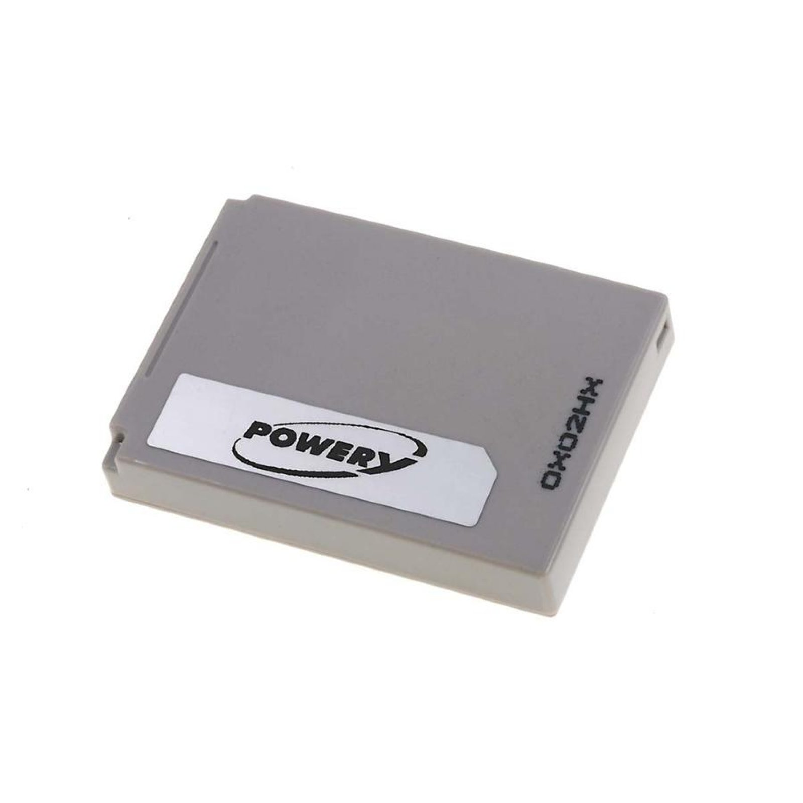 Una batería gris con la palabra 'POWERY'. Es rectangular y tiene una etiqueta blanca.